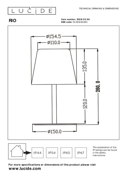 Lucide RIO - Lámpara de mesa Recargable Dentro/Fuera - Batería/acumulador - Ø 15,5 cm - LED Regul. - 1x1,8W 3000K - IP44 - RGB - Multicolor - técnico